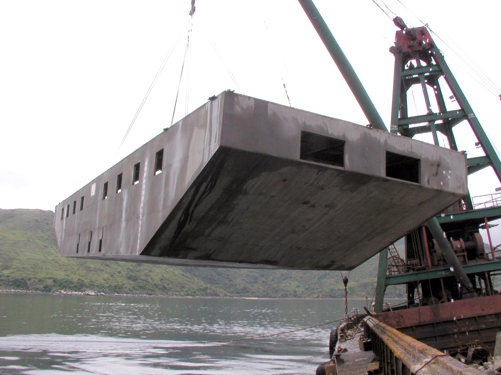 Photo of deployment of steel vessel artificial reef at Long Harbour